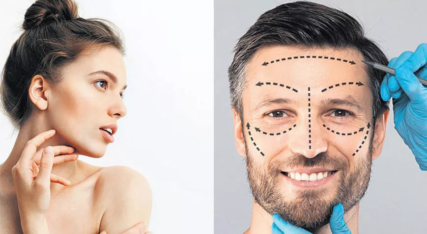 İkiye ayrılmış bir görsel. Bir tarafında güzel ve sağa bakan bir kadın, diğer tarafta estetik operasyon için yüzünde işaretleme yapılan gülümseyen bir erkek var.